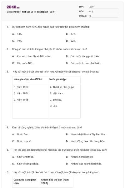Đề kiểm tra 1 tiết Địa Lí 11 có đáp án (Đề 9)