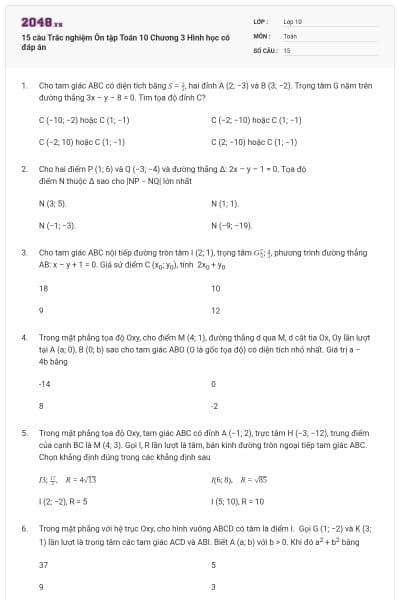 15 câu Trắc nghiệm Ôn tập Toán 10 Chương 3 Hình học có đáp án