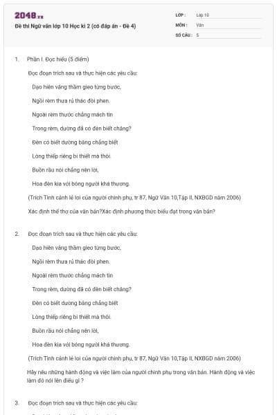 Đề thi Ngữ văn lớp 10 Học kì 2 (có đáp án - Đề 4)