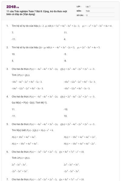 11 câu Trắc nghiệm Toán 7 Bài 8: Cộng, trừ đa thức một biến có đáp án (Vận dụng)