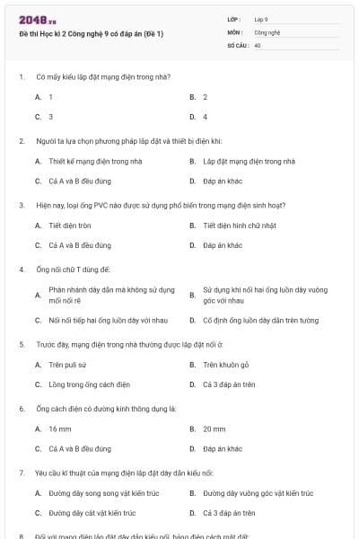 Đề thi Học kì 2 Công nghệ 9 có đáp án (Đề 1)