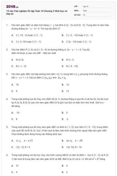15 câu Trắc nghiệm Ôn tập Toán 10 Chương 3 Hình học có đáp án
