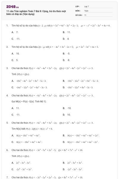 11 câu Trắc nghiệm Toán 7 Bài 8: Cộng, trừ đa thức một biến có đáp án (Vận dụng)