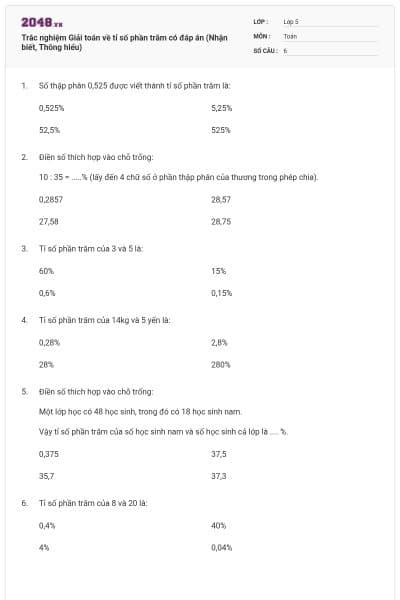 Trắc nghiệm Giải toán về tỉ số phần trăm có đáp án (Nhận biết, Thông hiểu)