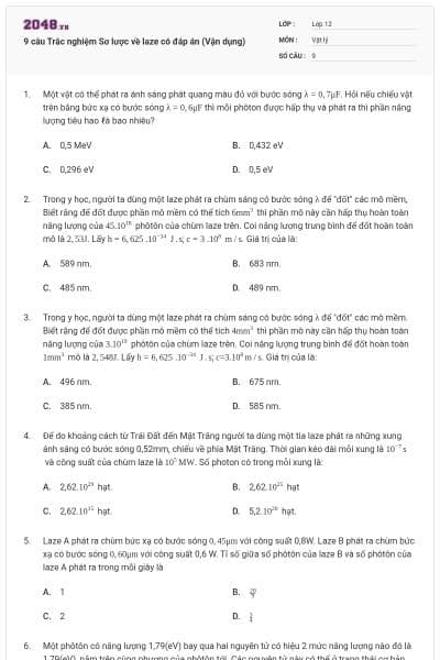 9 câu Trắc nghiệm Sơ lược về laze có đáp án (Vận dụng)