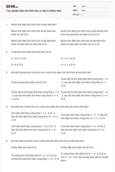 Trắc nghiệm Diện tích hình tròn có đáp án (Nhận biết)