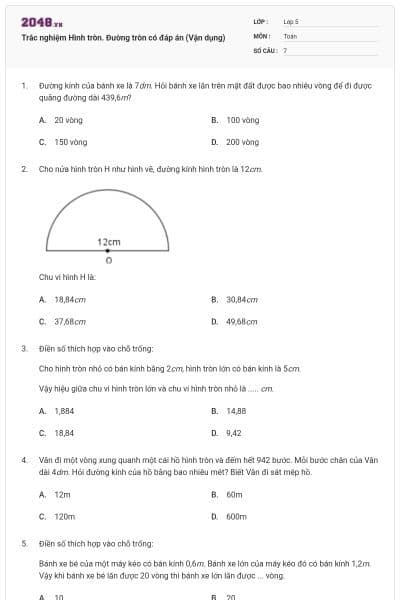 Trắc nghiệm Hình tròn. Đường tròn có đáp án (Vận dụng)