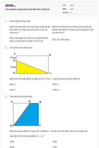 Trắc nghiệm Luyện tập về tính diện tích có đáp án