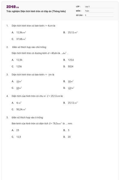 Trắc nghiệm Diện tích hình tròn có đáp án (Thông hiểu)