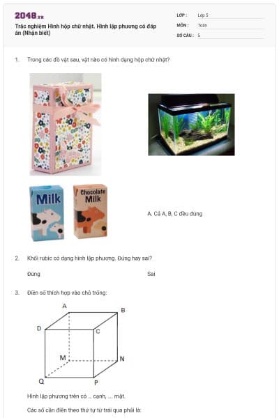 Trắc nghiệm Hình hộp chữ nhật. Hình lập phương có đáp án (Nhận biết)