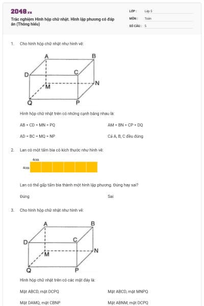 Trắc nghiệm Hình hộp chữ nhật. Hình lập phương có đáp án (Thông hiểu)