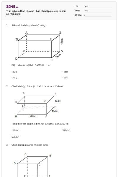 Trắc nghiệm Hình hộp chữ nhật. Hình lập phương có đáp án (Vận dụng)