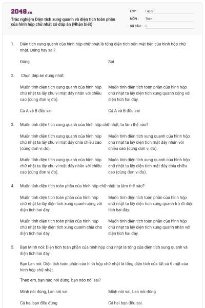 Trắc nghiệm Diện tích xung quanh và diện tích toàn phần của hình hộp chữ nhật có đáp án (Nhận biết)