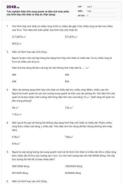 Trắc nghiệm Diện tích xung quanh và diện tích toàn phần của hình hộp chữ nhật có đáp án (Vận dụng)