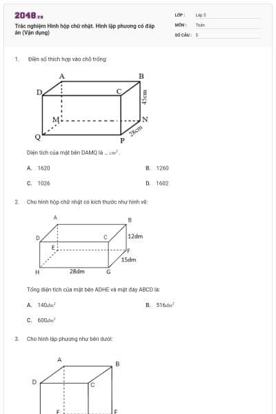 Trắc nghiệm Hình hộp chữ nhật. Hình lập phương có đáp án (Vận dụng)