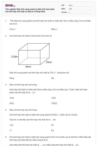 Trắc nghiệm Diện tích xung quanh và diện tích toàn phần của hình hộp chữ nhật có đáp án (Thông hiểu)