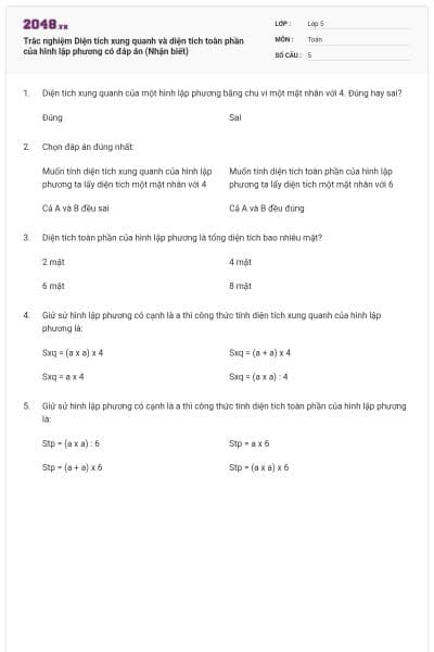 Trắc nghiệm Diện tích xung quanh và diện tích toàn phần của hình lập phương có đáp án (Nhận biết)