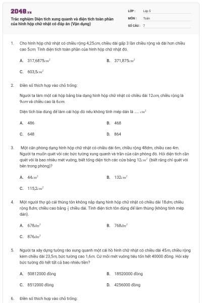 Trắc nghiệm Diện tích xung quanh và diện tích toàn phần của hình hộp chữ nhật có đáp án (Vận dụng)