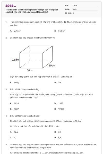 Trắc nghiệm Diện tích xung quanh và diện tích toàn phần của hình hộp chữ nhật có đáp án (Thông hiểu)