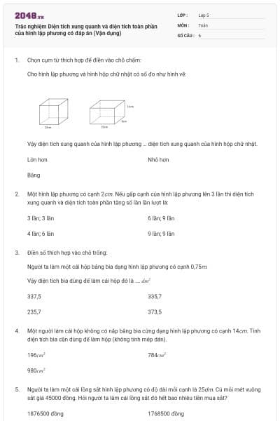 Trắc nghiệm Diện tích xung quanh và diện tích toàn phần của hình lập phương có đáp án (Vận dụng)