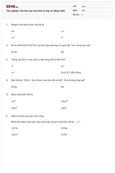 Trắc nghiệm Thể tích của một hình có đáp án (Nhận biết)