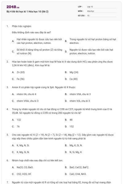 Bộ 4 Đề thi học kì 1 Hóa học 10 (Đề 2)