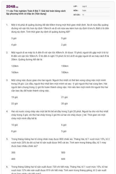 11 câu Trắc nghiệm Toán 8 Bài 7: Giải bài toán bằng cách lập phương trình có đáp án (Vận dụng)