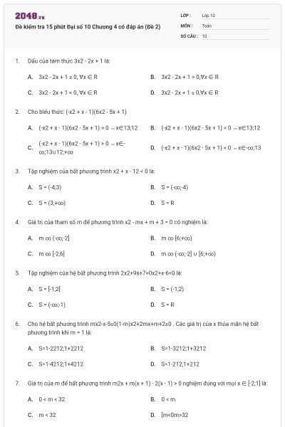 Đề kiểm tra 15 phút Đại số 10 Chương 4 có đáp án (Đề 2)