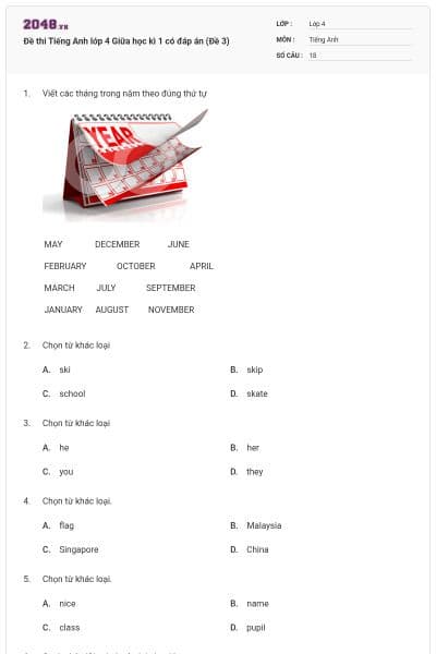 Đề thi Tiếng Anh lớp 4 Giữa học kì 1 có đáp án (Đề 3)