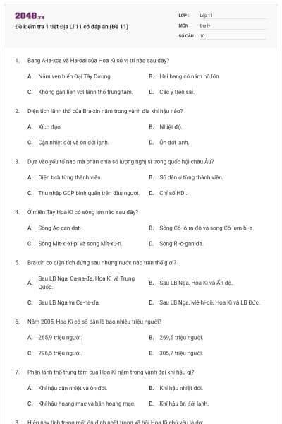 Đề kiểm tra 1 tiết Địa Lí 11 có đáp án (Đề 11)