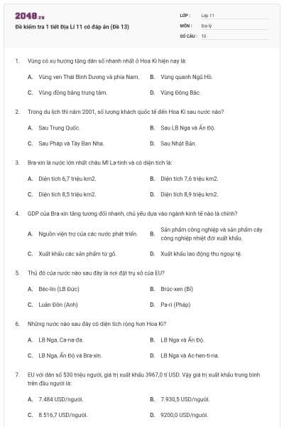 Đề kiểm tra 1 tiết Địa Lí 11 có đáp án (Đề 13)