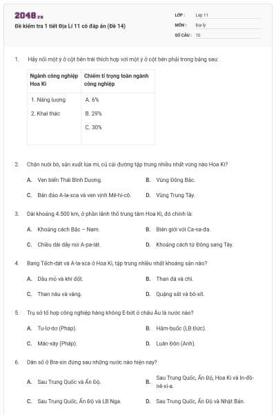 Đề kiểm tra 1 tiết Địa Lí 11 có đáp án (Đề 14)
