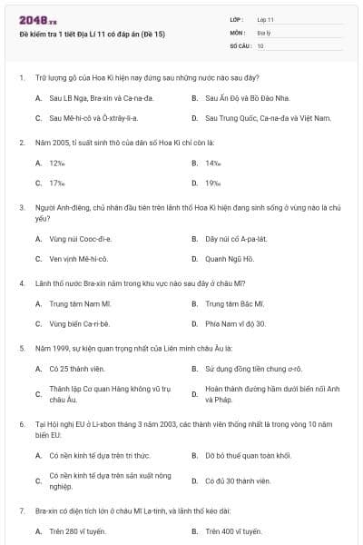 Đề kiểm tra 1 tiết Địa Lí 11 có đáp án (Đề 15)