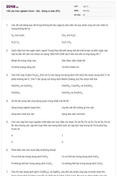 150 câu trắc nghiệm Crom - Sắt - Đồng cơ bản (P2)