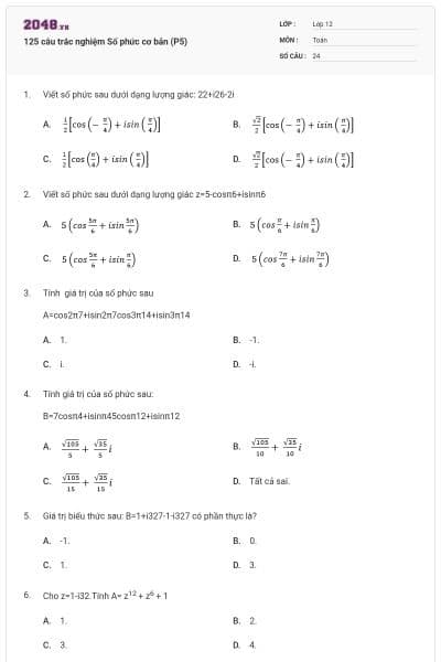 125 câu trắc nghiệm Số phức cơ bản (P5)