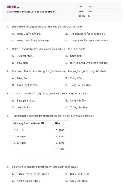 Đề kiểm tra 1 tiết Địa Lí 11 có đáp án (Đề 17)