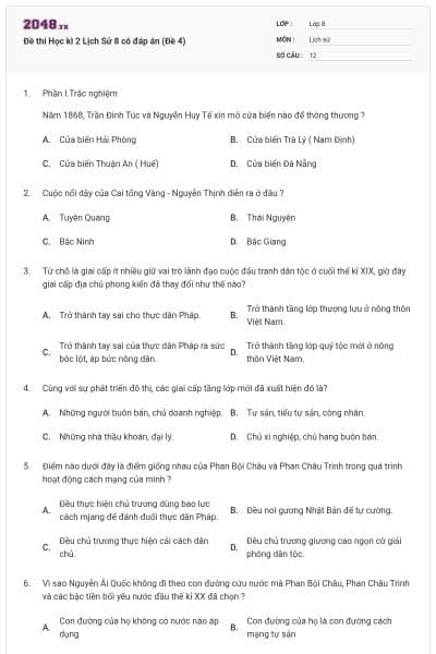 Đề thi Học kì 2 Lịch Sử 8 có đáp án (Đề 4)