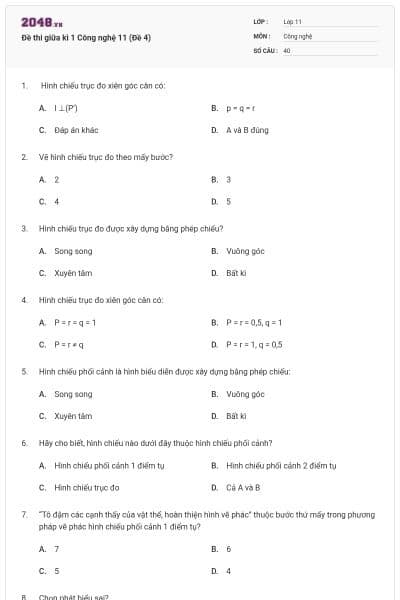 Đề thi giữa kì 1 Công nghệ 11 (Đề 4)