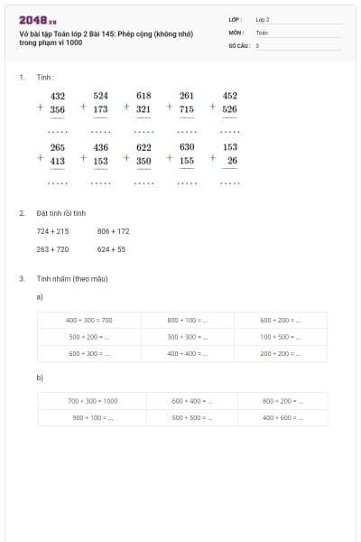 Vở bài tập Toán lớp 2 Bài 145: Phép cộng (không nhớ) trong phạm vi 1000