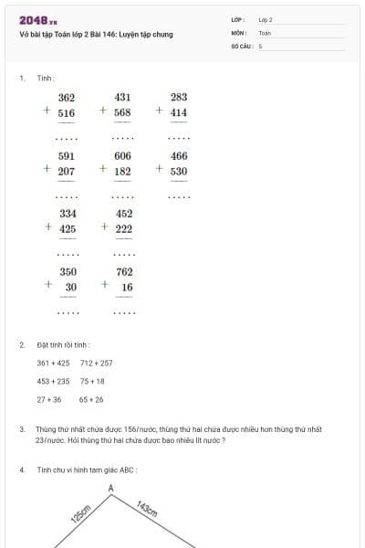 Vở bài tập Toán lớp 2 Bài 146: Luyện tập chung