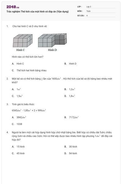 Trắc nghiệm Thể tích của một hình có đáp án (Vận dụng)
