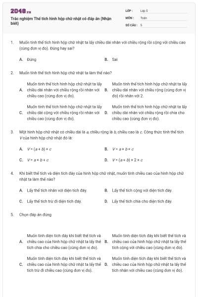 Trắc nghiệm Thể tích hình hộp chữ nhật có đáp án (Nhận biết)