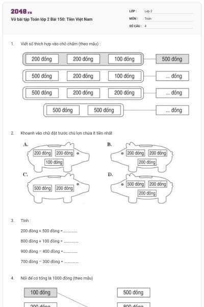 Vở bài tập Toán lớp 2 Bài 150: Tiền Việt Nam