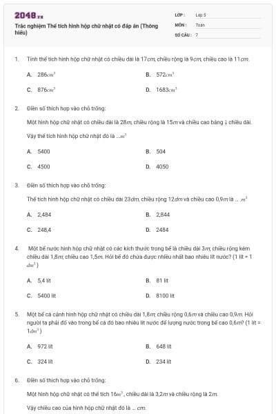 Trắc nghiệm Thể tích hình hộp chữ nhật có đáp án (Thông hiểu)