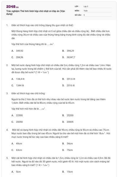 Trắc nghiệm Thể tích hình hộp chữ nhật có đáp án (Vận dụng)