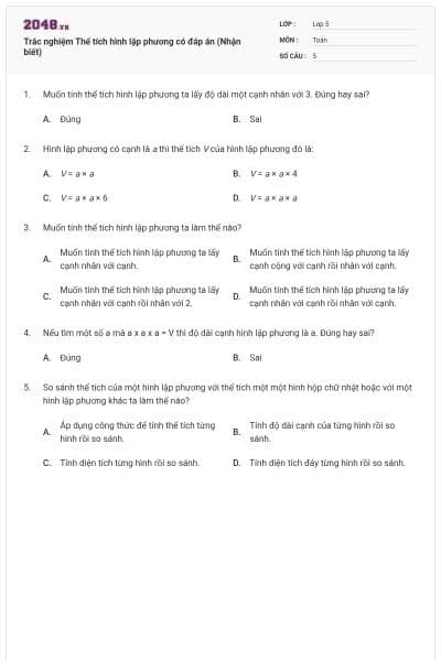 Trắc nghiệm Thể tích hình lập phương có đáp án (Nhận biết)