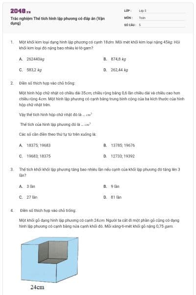 Trắc nghiệm Thể tích hình lập phương có đáp án (Vận dụng)
