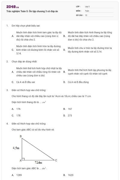 Trắc nghiệm Toán 5: Ôn tập chương 3 có đáp án