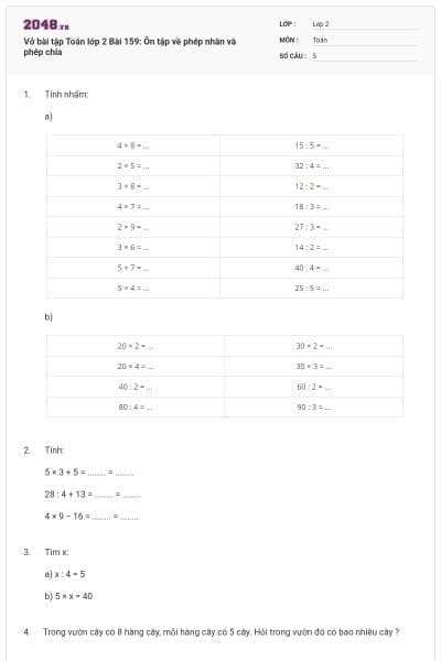 Vở bài tập Toán lớp 2 Bài 159: Ôn tập về phép nhân và phép chia
