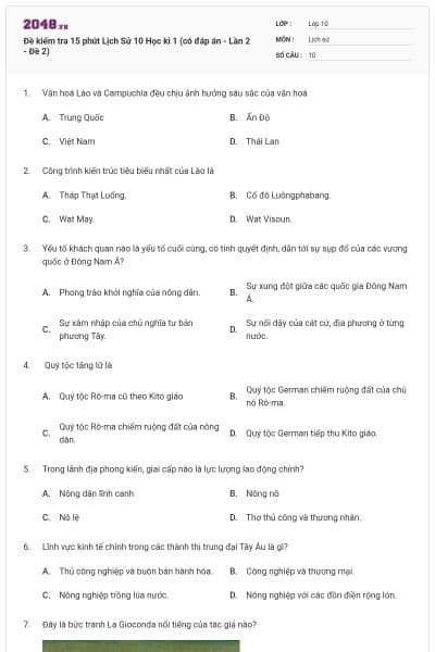 Đề kiểm tra 15 phút Lịch Sử 10 Học kì 1 (có đáp án - Lần 2 - Đề 2)